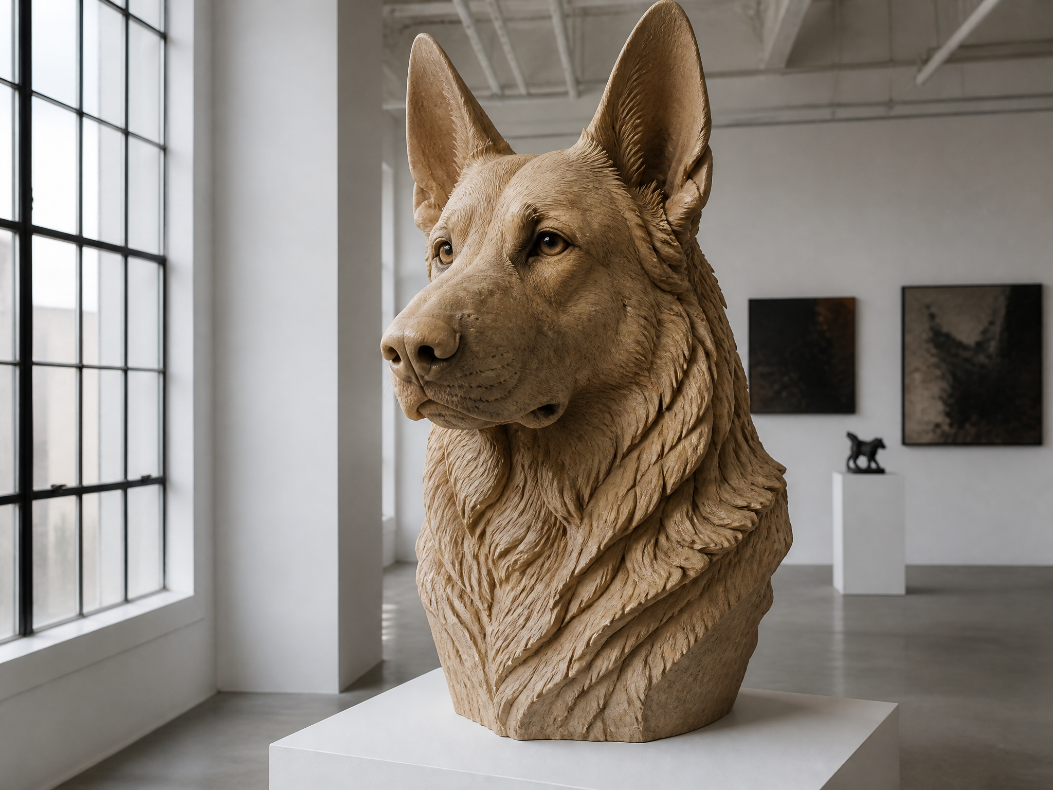 A bespoke large-scale pet sculpture commission on a gallery pedestal