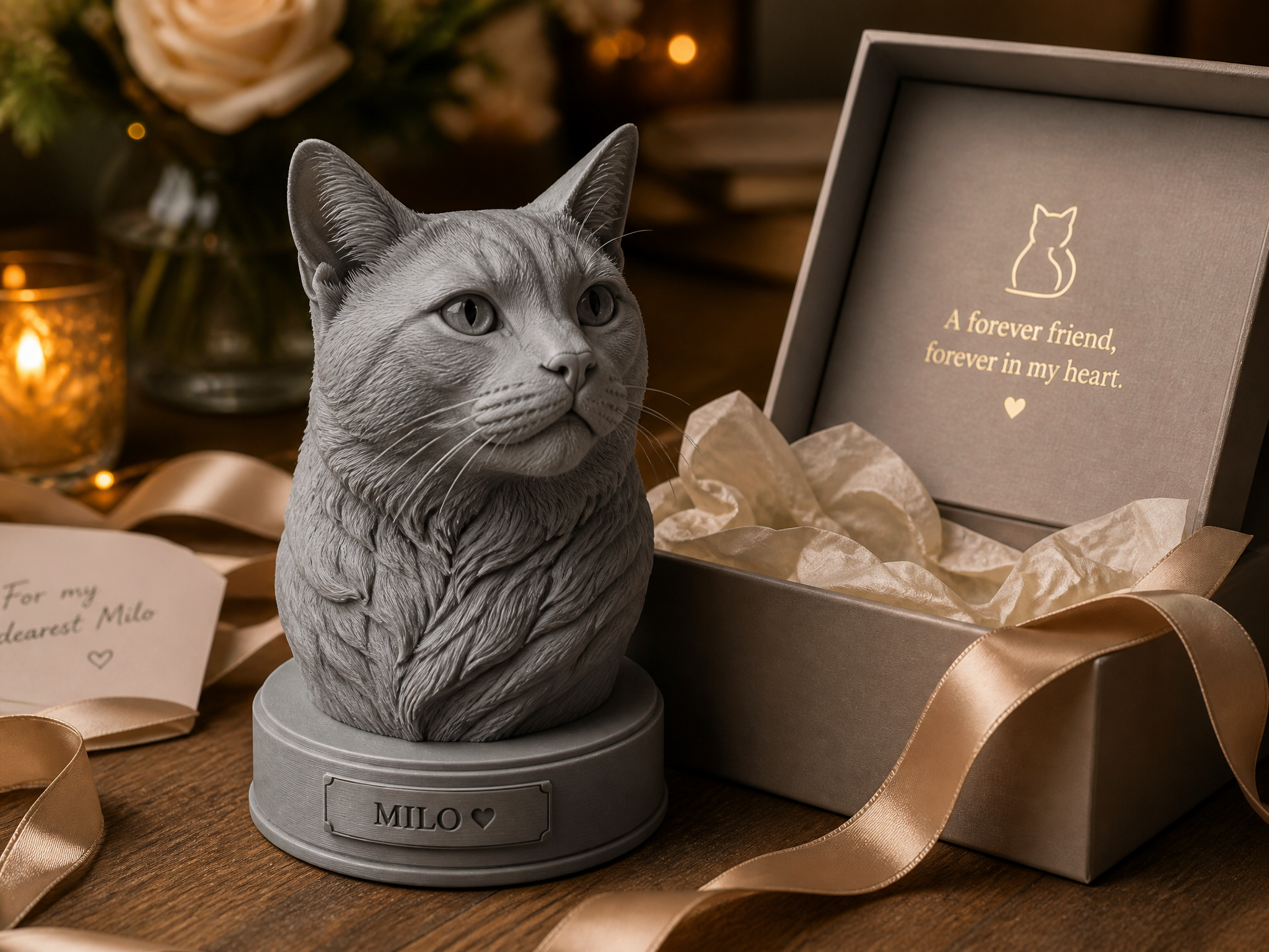 A custom pet portrait bust presented as a gift