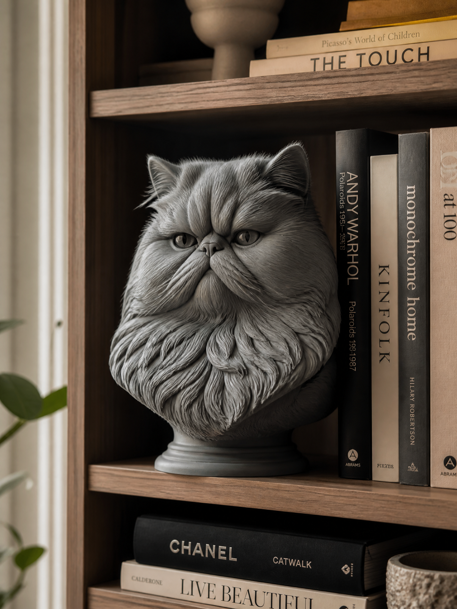 A Persian cat portrait bust in matte grey on a bookshelf