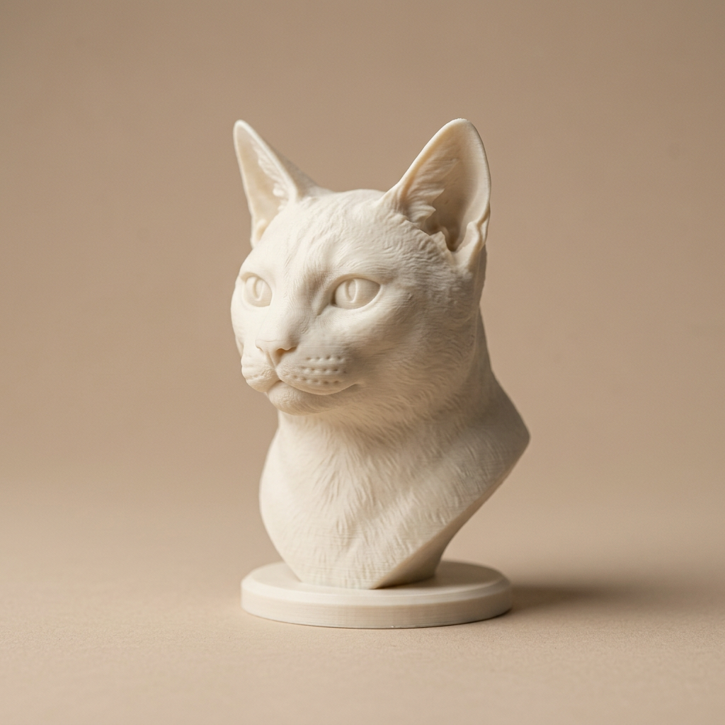 A 3D-printed cat bust sculpture